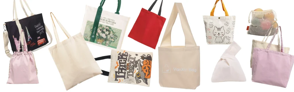 A variety of cotton canvas bags in different styles, colors, and sizes