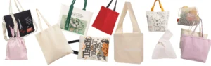 A variety of cotton canvas bags in different styles, colors, and sizes
