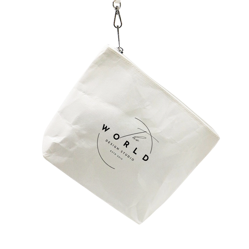 White Tyvek makeup bag with a bottom gusset and custom logo