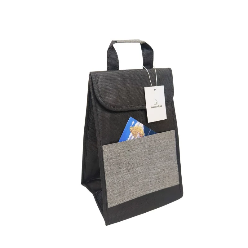 Black cooler bag with front pocket, showcasing customizable style, material, size, and printing options