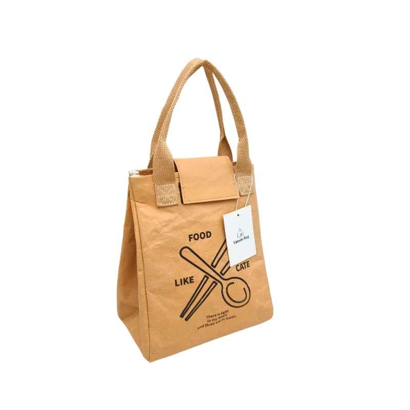 Kraft paper cooler bag with a logo, showcasing customizable style, material, size, and printing options