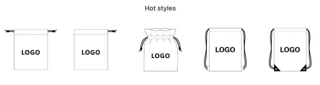 line art of five common styles of drawstring bags