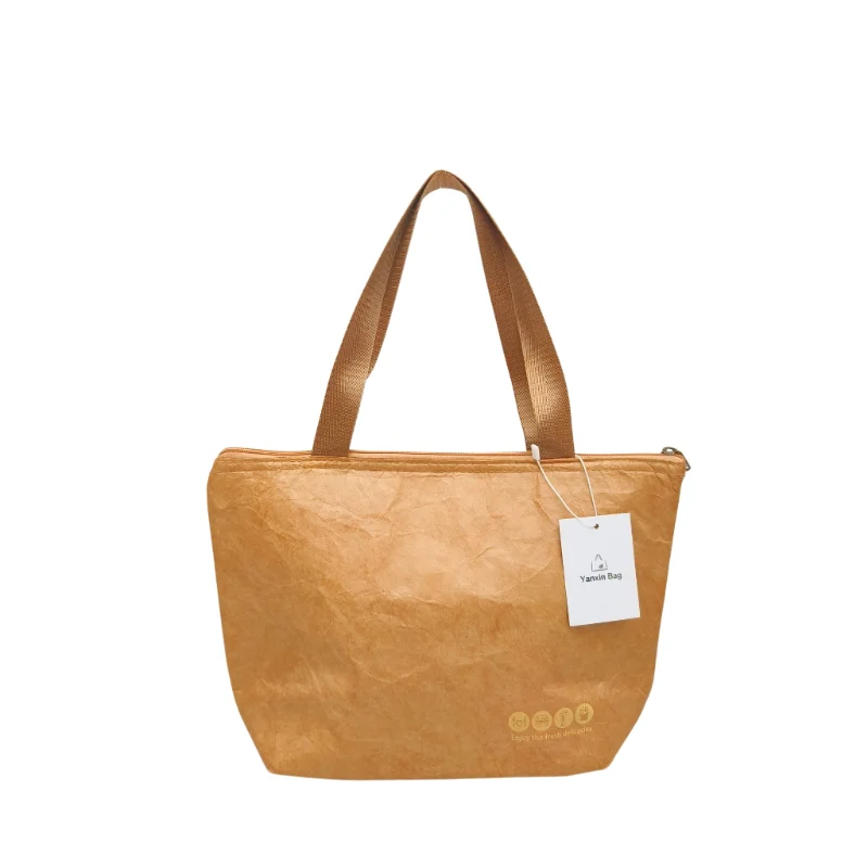 Brown Tyvek cooler bag with a bottom but no sides, showcasing customizable style, material, size, and printing options