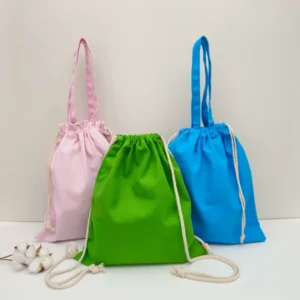Samples of canvas drawstring bags in various sizes, colors, and styles, showcasing the range of customizable options availabl