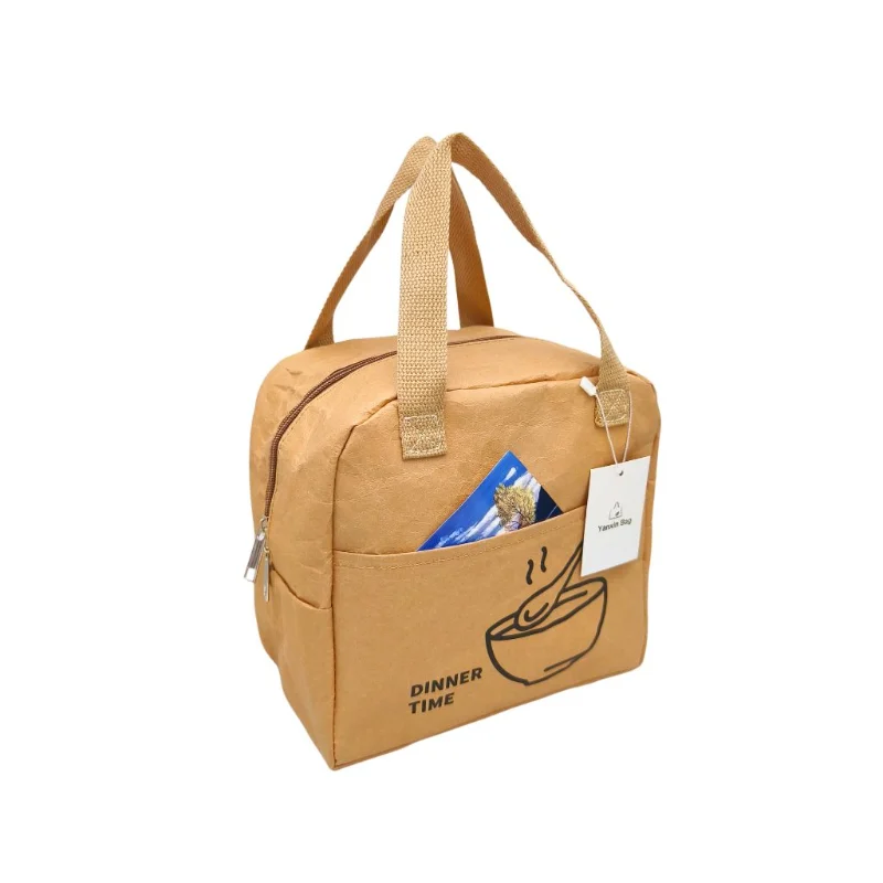 Kraft paper cooler bag with zipper closure, showcasing customizable style, material, size, and printing options