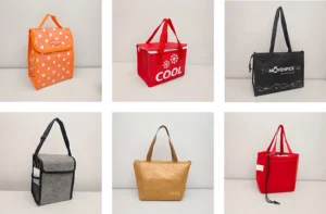Various styles of cooler bag samples, showcasing different designs and features