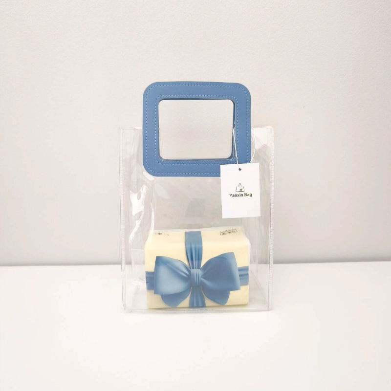 Image of a transparent PVC bag with rectangular leather handles, showcasing its customizable features in terms of material, color, size, printing, and handle shapes