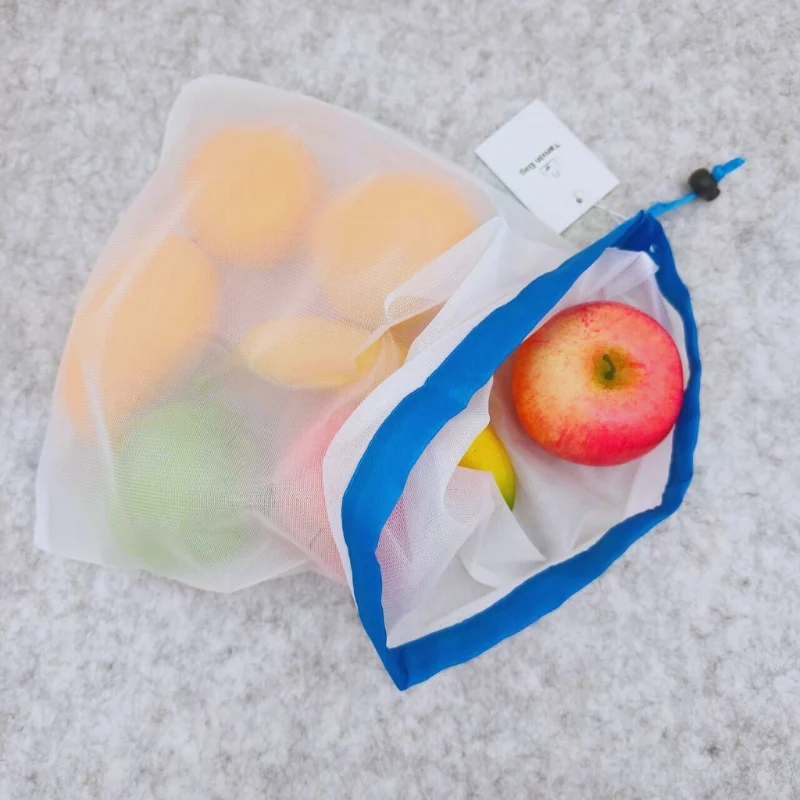 Image of a small hole polyester mesh drawstring bag with a polyester trim at the top, suitable for various storage needs including produce, fruits, vegetables, toys, and as product packaging.