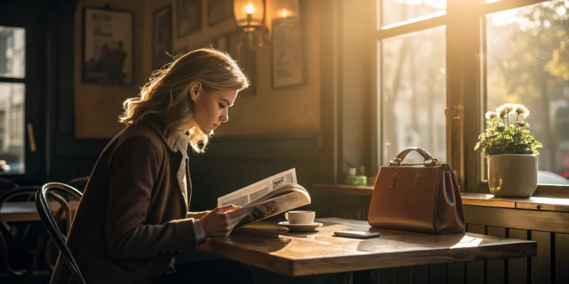 A stylish woman enjoys coffee in a cozy café with a leather handbag beside her on a wooden table, sunlight streaming through the window — perfectly capturing the contrast of canvas bag vs leather bag in lifestyle and fashion.