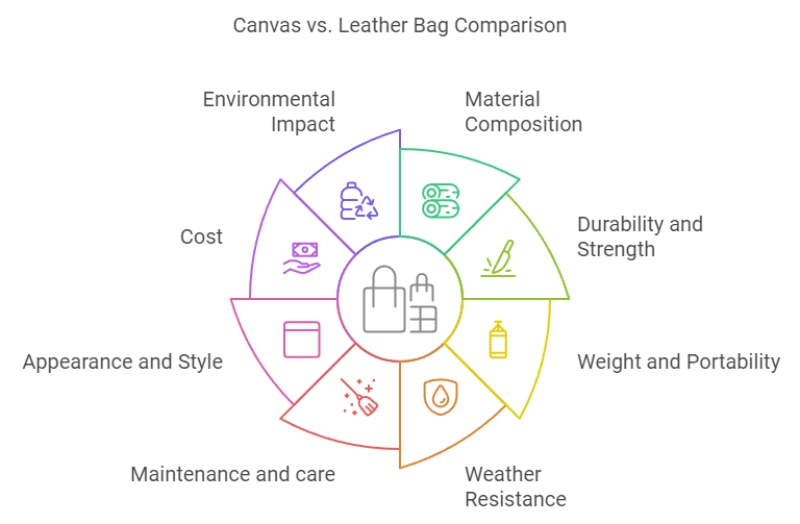 Canvas bags VS Leather Bags - A visual chart comparing canvas bags and leather bags across eight different dimensions.
