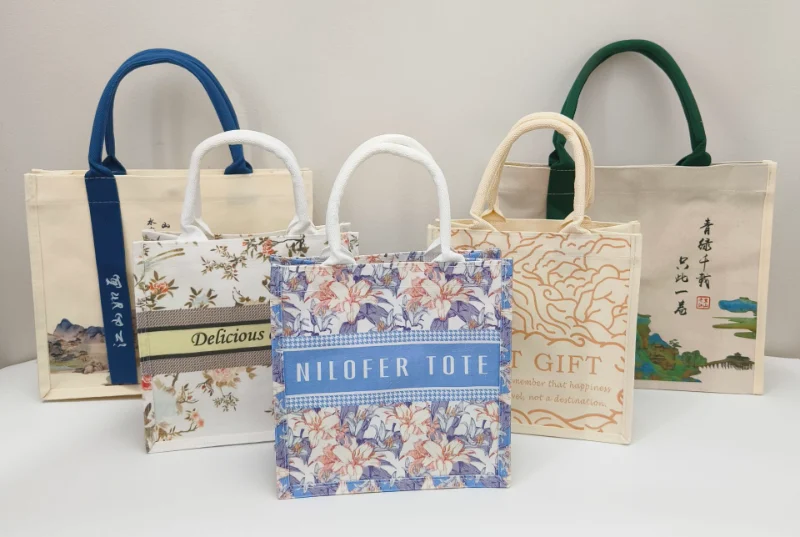 Canvas bags VS Leather Bags - Various canvas bag samples featuring stylish and practical designs in multiple colors and sizes.