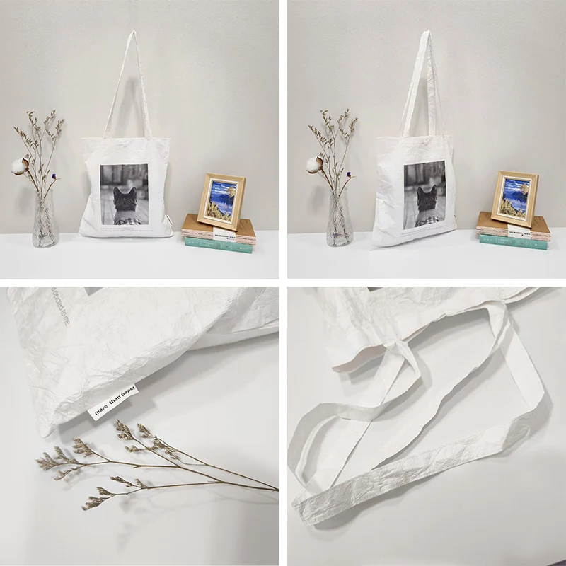 Pros and cons of Tyvek bags, showing a collage of a Tyvek bag from multiple angles for durability and design