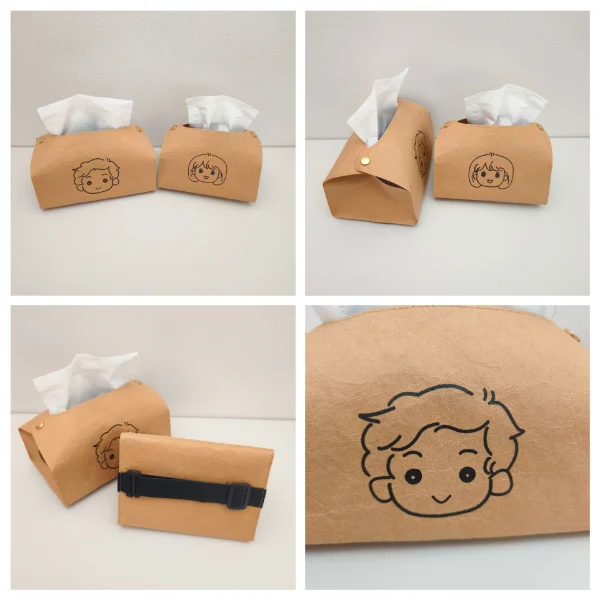 Two washable kraft paper tissue boxes photographed from multiple angles, showcasing their eco-friendly design and natural texture.