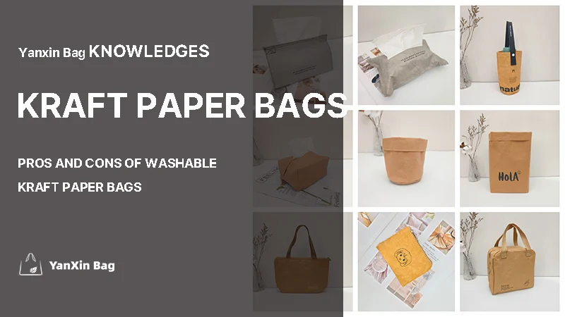 Washable kraft paper bags showcasing various styles and applications, including shopping bags, wallets, and storage solutions.