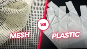 mesh produce bags vs plastic produce bags showcasing a material comparison and highlighting differences in eco-friendliness and durability