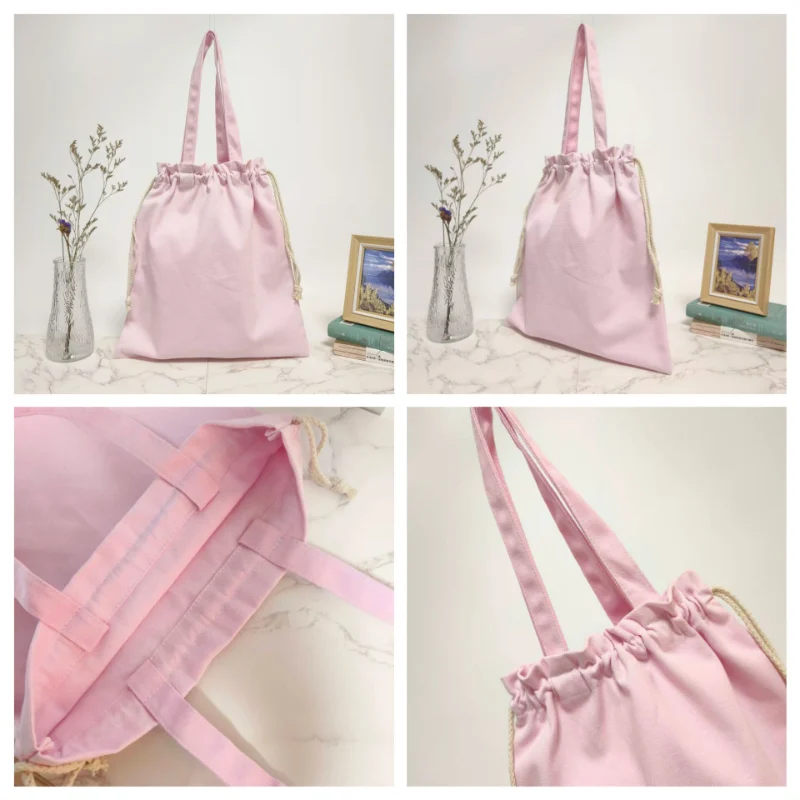 A pink drawstring bag with added handles displayed in multiple angles, shown in the Choosing the Best Custom Drawstring Bags guide