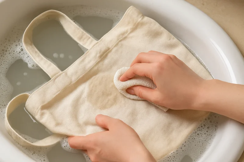 Woman hand washing a beige canvas tote bag in a basin with mild soap and cold water.