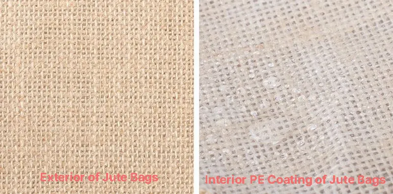 jute vs canvas tote bags showing a close-up of jute bag exterior material on the left and interior PE coating on the right.