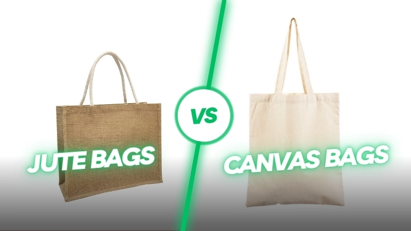 Jute Bags VS Canvas Bags comparison with a jute bag sample on the left and a canvas bag sample on the right, featuring "VS" text in the center.