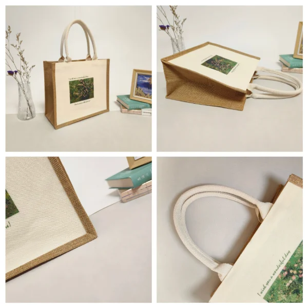 Various angles of a jute bag sample showing detailed texture and design elements