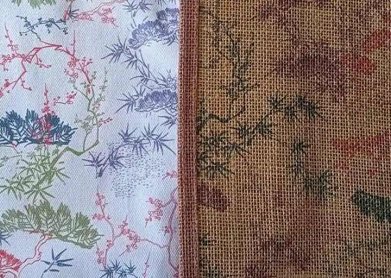 Jute vs Canvas Tote Bags comparing the same printed design on jute fabric and canvas fabric