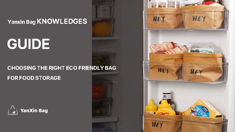 Choosing the Right Eco-Friendly Bag for Food Storage, featuring a neatly organized refrigerator using eco-friendly bags, with the blog title displayed prominently.