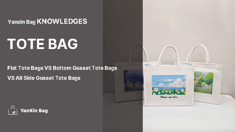 Flat Tote Bags VS Bottom Gusset Tote Bags VS All Side Gusset Tote Bags shows samples of many tote bag and with the blog title displayed