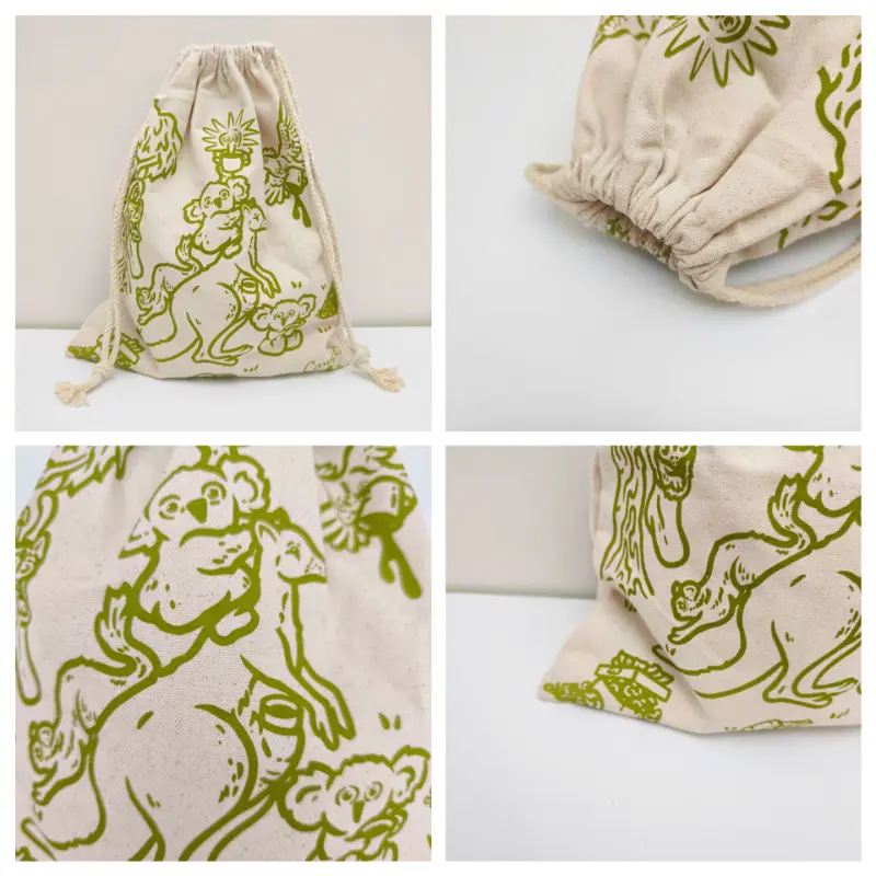 Pros and Cons of Drawstring Bags 4 A single drawstring bag shown in multiple angles in a collage, featuring its unique material and design details.