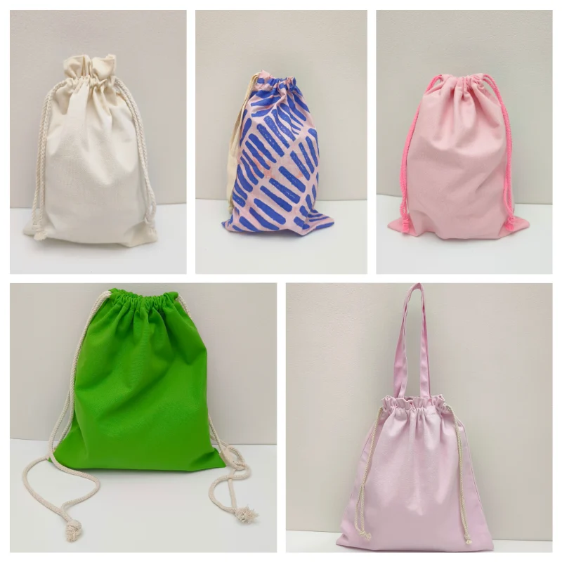 Pros and Cons of Drawstring Bags 1 Five drawstring bags made from different materials, showcasing various styles and textures.