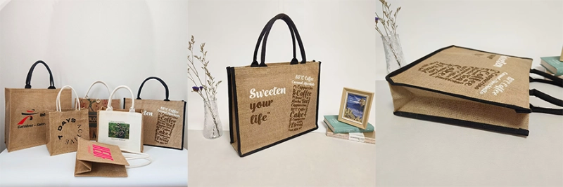 The Best Tote Bags of 2025 – A collage showcasing jute tote bags, including multiple samples and detailed views of one selected design from various angles.