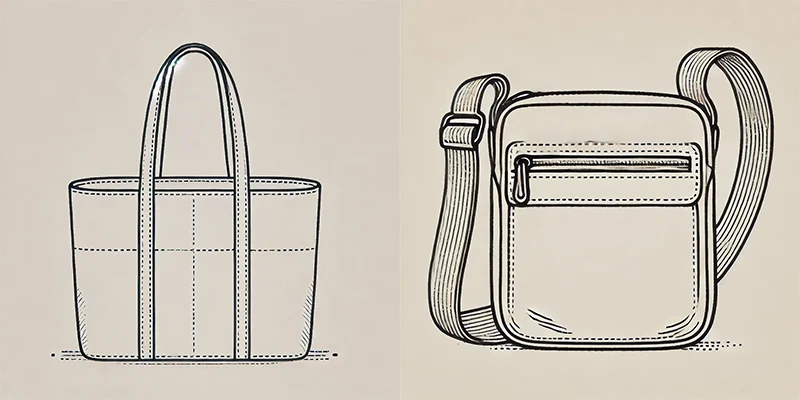 Tote Bags vs Shoulder Bags featuring line drawings of both bag types for design comparison