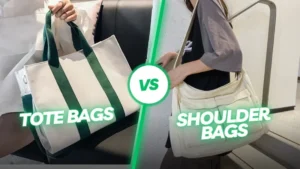 Tote Bags vs Shoulder Bags featuring a side-by-side comparison of a tote bag on the left and a shoulder bag on the right