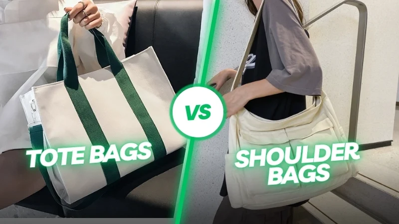 Tote Bags vs Shoulder Bags featuring a side-by-side comparison of a tote bag on the left and a shoulder bag on the right
