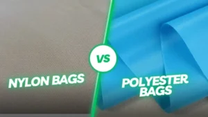 nylon Bags vs polyester bags comparison featuring close-ups of nylon fabric and polyester fabric