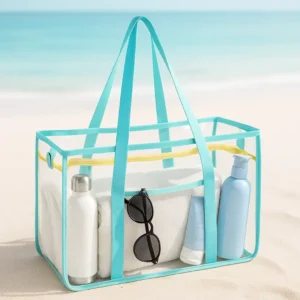 Clear PVC beach bag with aqua blue handles