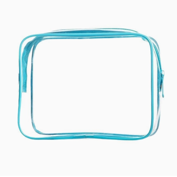 Clear PVC TSA quart size toiletry bag with blue zipper and rectangular base