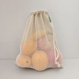 Front view of organic mesh cotton drawstring bag with natural color and breathable design