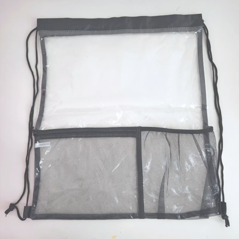 PVC Clear Drawstring Bag with Mesh Pocket Flat Front View