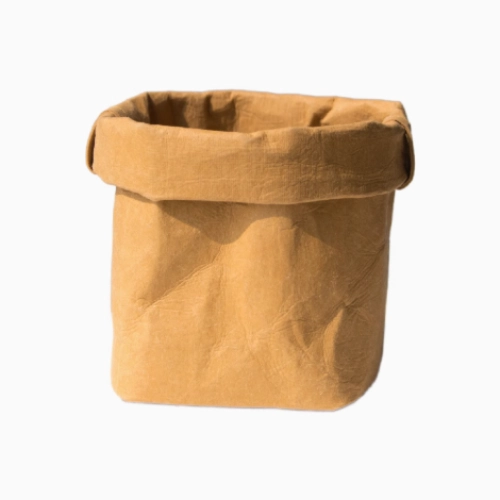 Upright washable kraft paper produce bag with open-top tube shape for kitchen storage