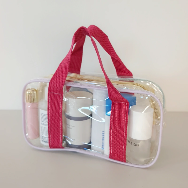 Waterproof Clear PVC Makeup Cosmetic Bag with Reinforced Handle Angled View
