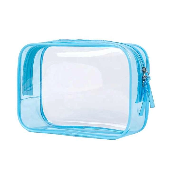 TSA approved quart size toiletry bag made of clear PVC with blue trim and zipper