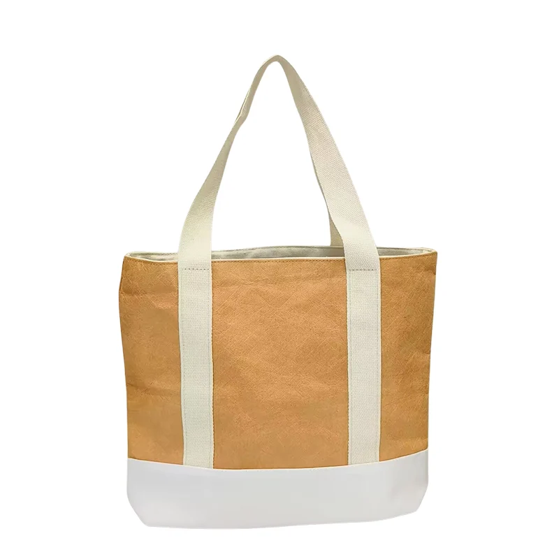 Heavy-duty Tyvek tote bag with reinforced handles and gusseted bottom, ideal for reusable packaging and gifting