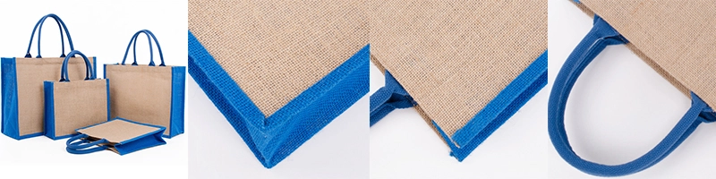 Blue jute bags in bulk – different sizes and angles shown in a 4-image collage