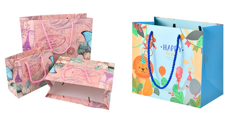 Gift Bags 101 – Collage of printed pink and blue gift bags