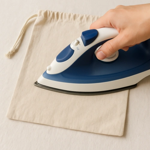 A person ironing a muslin bag with a handheld iron, illustrating the blog topic How to Clean and Maintain Muslin Bags.