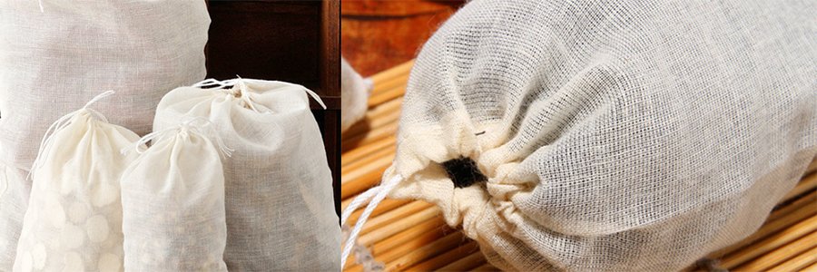 showing various muslin bag sizes and a close-up of a muslin bag opening, featured in What is A Muslin Bag: A Complete Guide.
