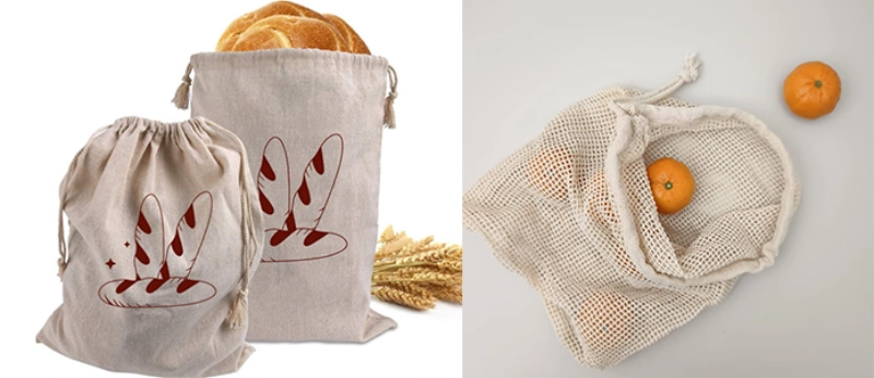 A collage featuring a natural muslin bag and a reusable mesh produce bag, highlighted in the blog What is A Muslin Bag: A Complete Guide.
