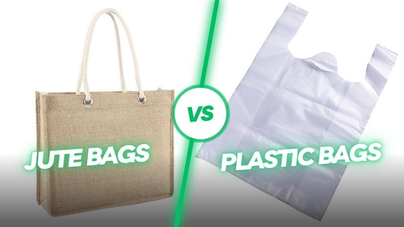 Side-by-side comparison of a beige jute bag with thick rope handles and a white plastic bag, showcasing material differences, both customizable in size, material, style, and printing.