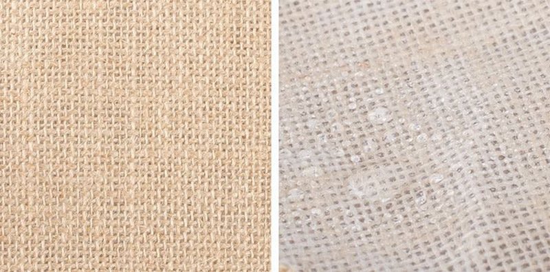 Close-up view comparing raw jute fabric texture on the left and PE-laminated jute on the right, highlighting material options customizable in size, material, style, and printing.