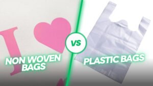 Comparison image showing a close-up of a white non woven bag with pink printing on the left and a full-view white plastic bag on the right, both customizable in size, material, style, and printing.